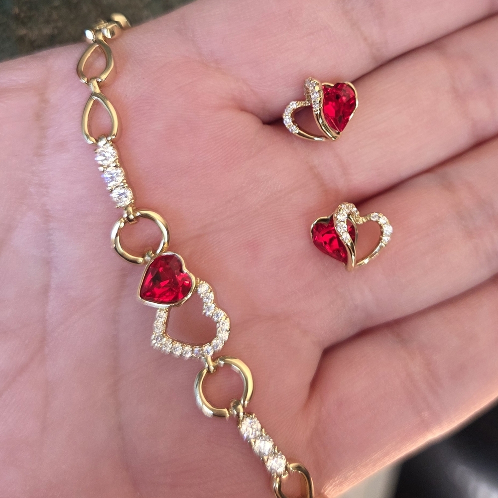 Gold Heart Jewelry Set with Red Accents, 14K GOLD PLATED